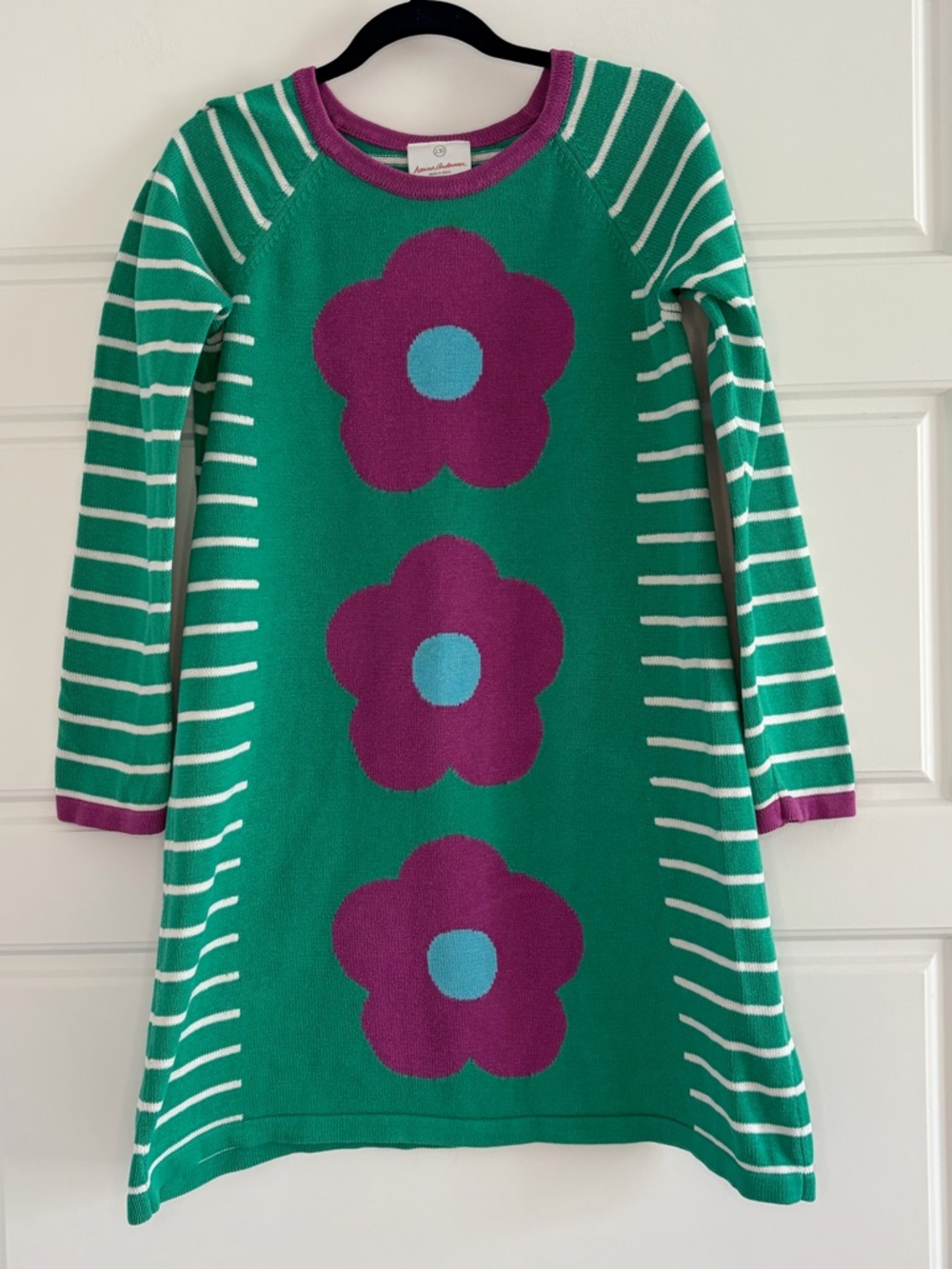 Hanna Andersson Girls 8 Green Floral Long Sleeve Cotton Knit Dress Stripe